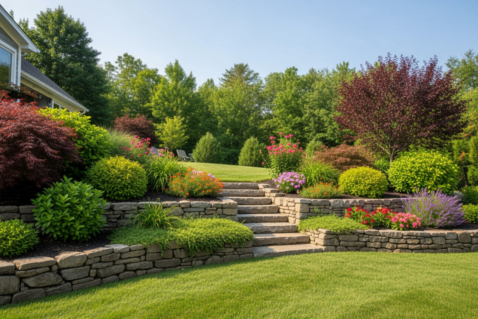 Landscaped-backyard-with-stone-steps-and-flower-beds