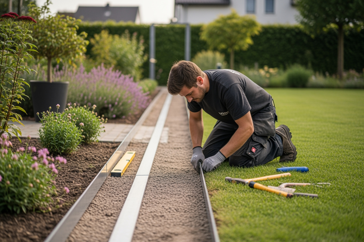 Landscaper installing edging in garden