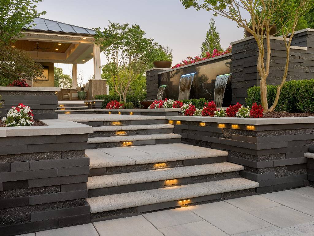 Stone steps landscape with lights