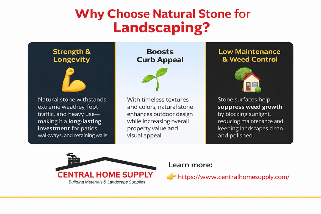 Infographic showing durability, curb appeal, and low maintenance benefits of natural landscaping stone